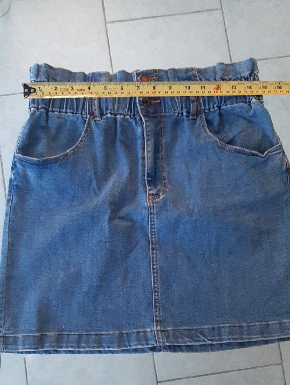 Dex💙Blue Denim Mini Skirt Elastic Waist Zipper+2 Buttons Front Pockets Sz 31 - Picture 5 of 8